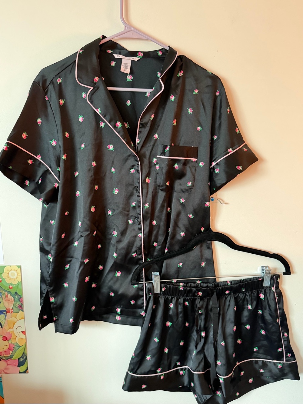 Victoria's Secret Black Satin Short Pajama Set with Pink Rose Motif